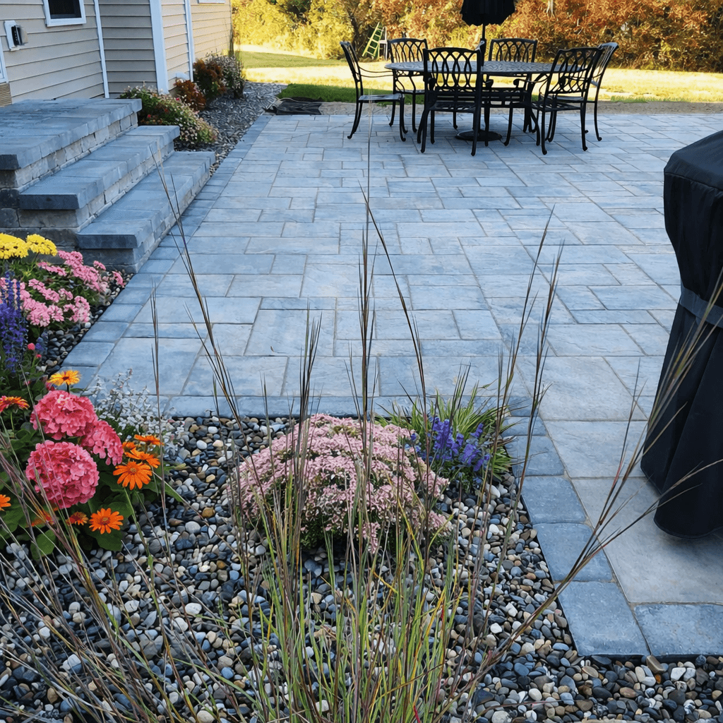 Backyard paver patio with outdoor dining set, steps, and landscaped flower bed border
