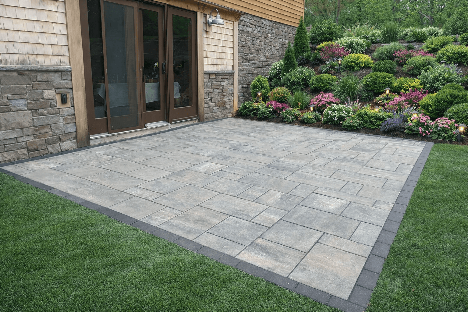Residential patio with stone pavers, modern layout, and flower bed landscaping