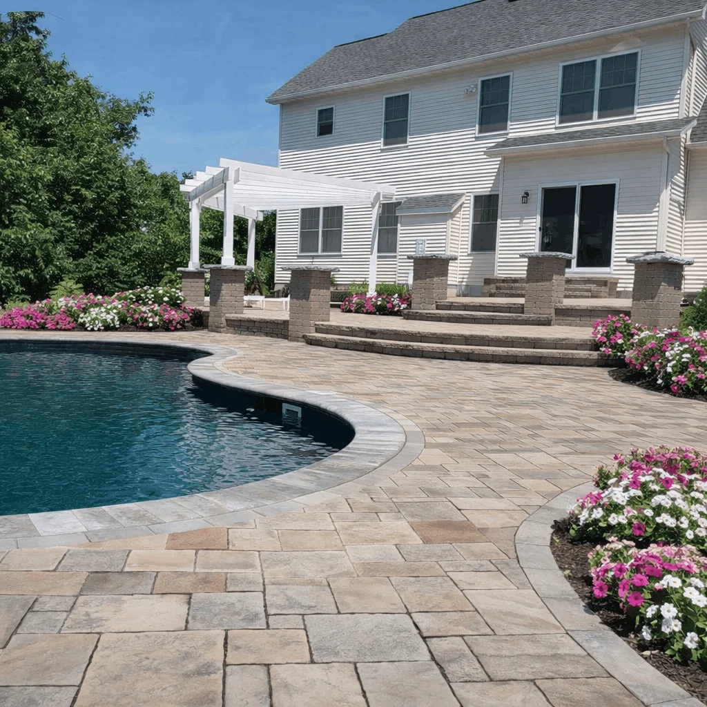 Backyard pool with curved paver patio, steps, pergola, and landscaped flower beds
