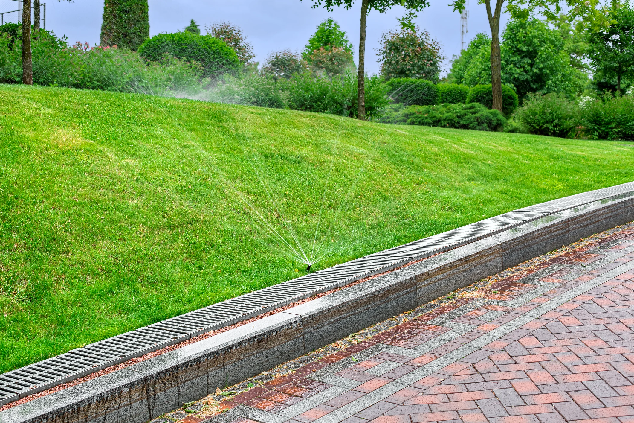 Automatic sprinkler watering a grassy slope beside a long metal drainage grate and brick walkway in New York.