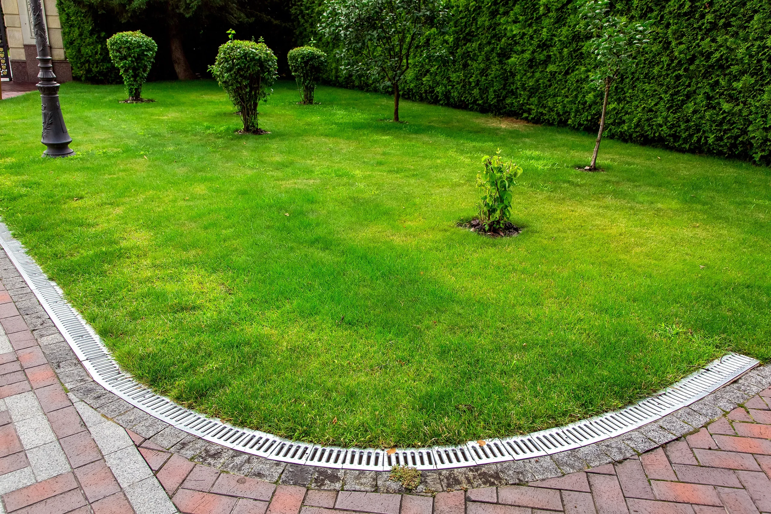 Curved drainage grate installed around a landscaped lawn with small trees and shrubs to direct rainwater runoff.