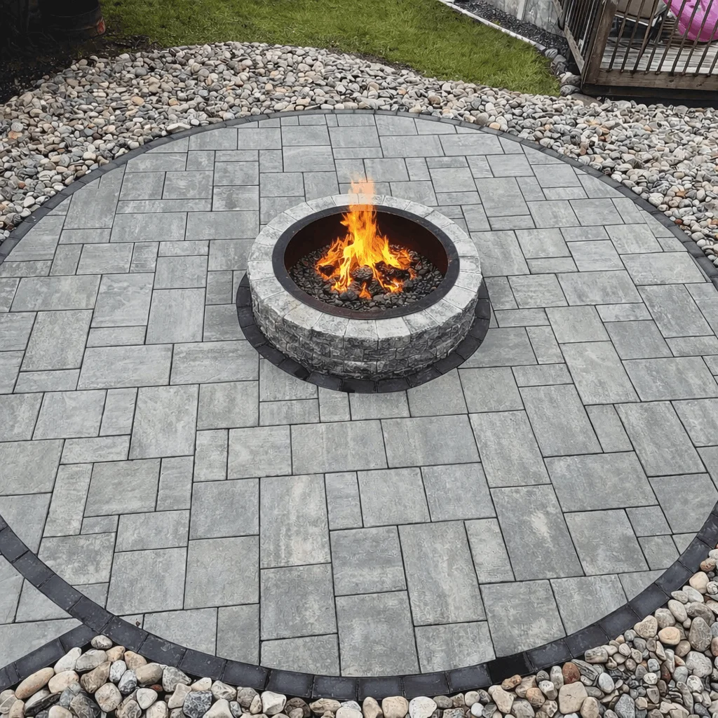 Outdoor circular patio made of gray pavers featuring a built-in fire pit and stone edging.