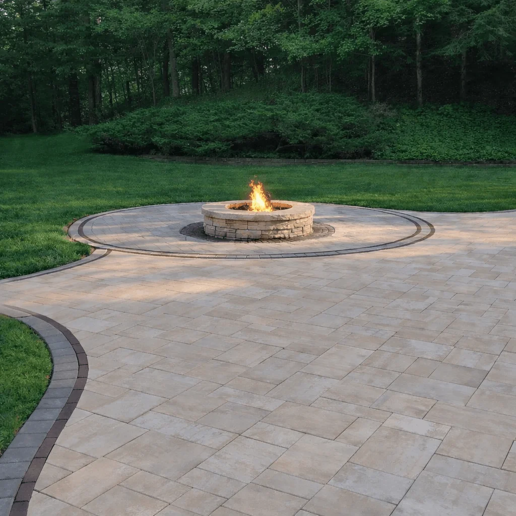 Wide paver patio with round fire pit centerpiece surrounded by lawn and wooded landscape.