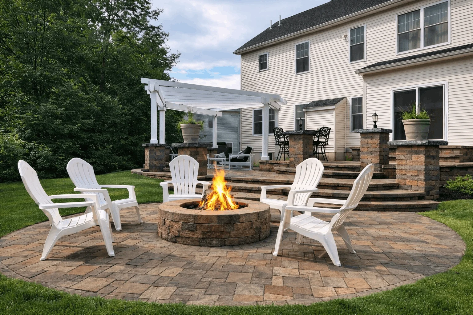 Backyard patio with round fire pit, Adirondack chairs, stone steps, and pergola seating area.