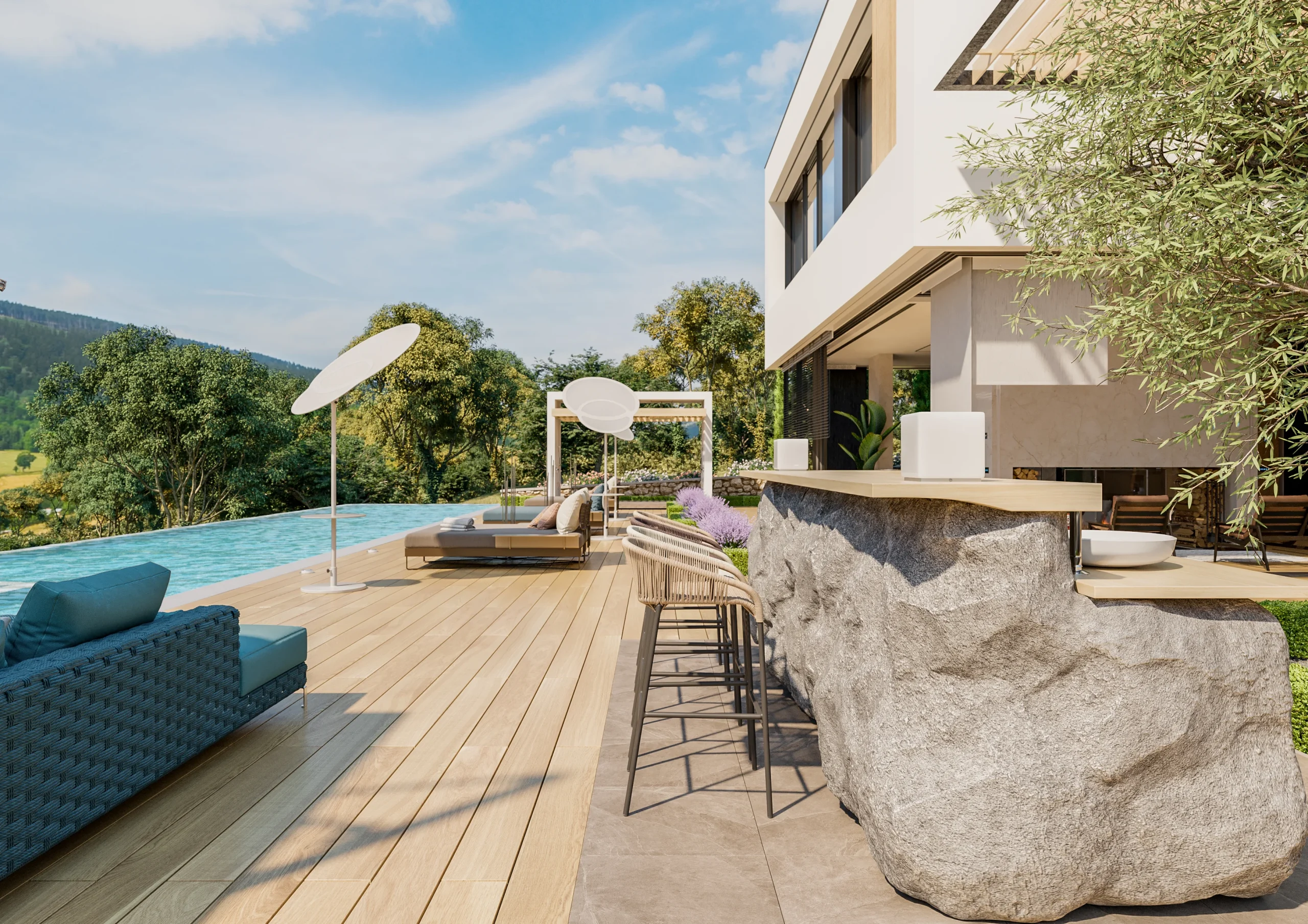 Modern outdoor bar with stone base beside a pool and lounge seating on a luxury patio deck.