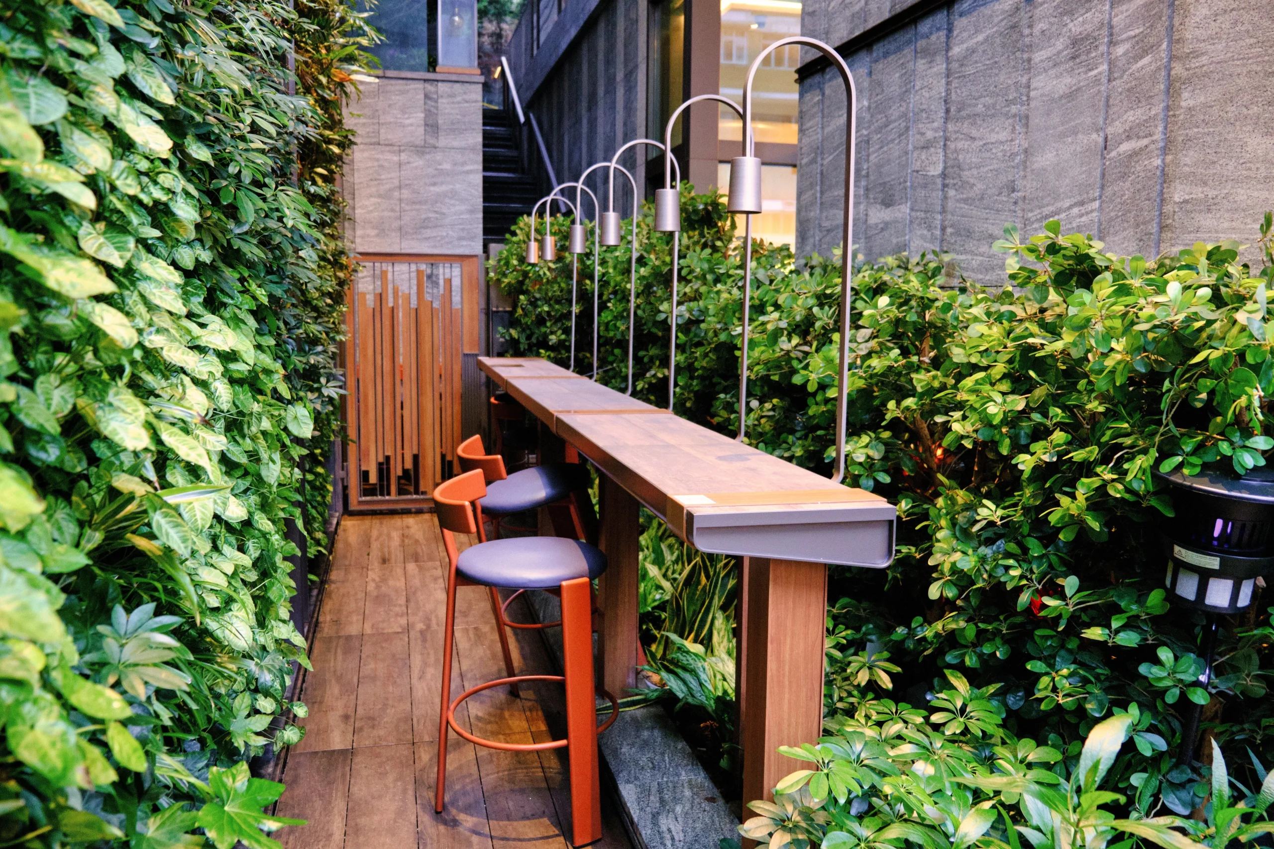 Outdoor bar seating with wooden counter and stools along a garden walkway with modern lights.