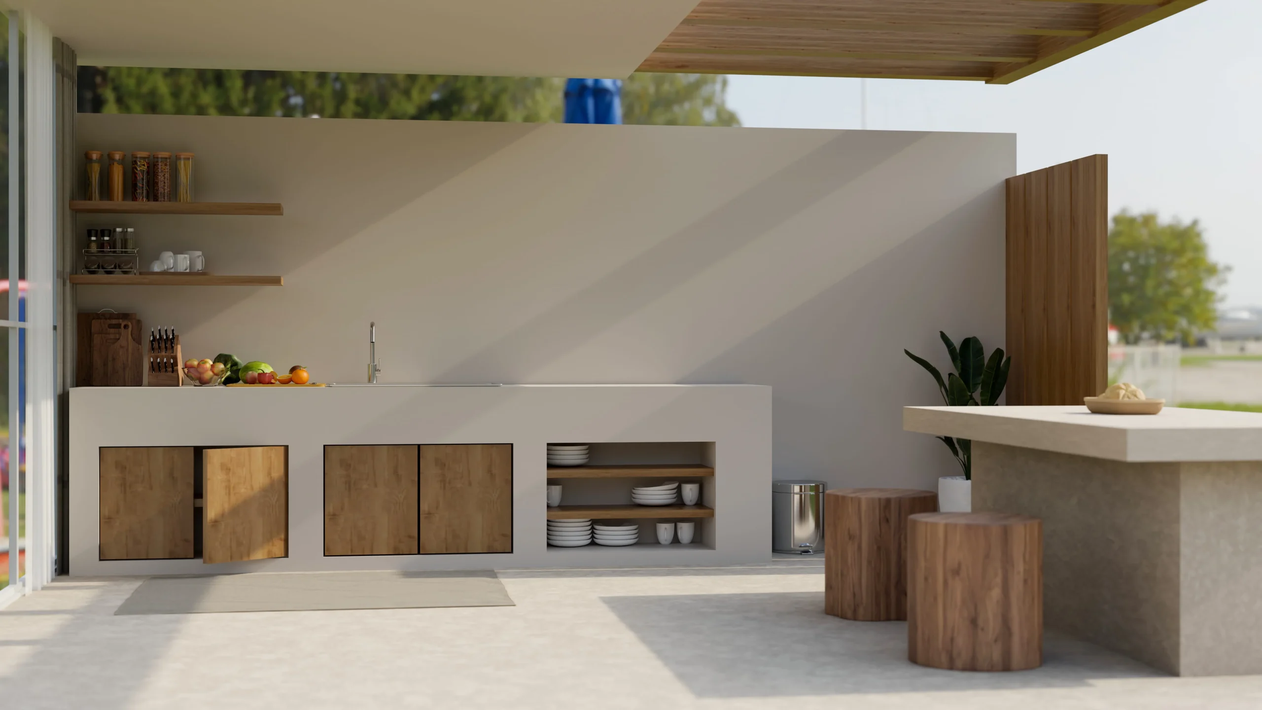 Minimalist outdoor kitchen with wood cabinets, open shelving, and modern countertop workspace.