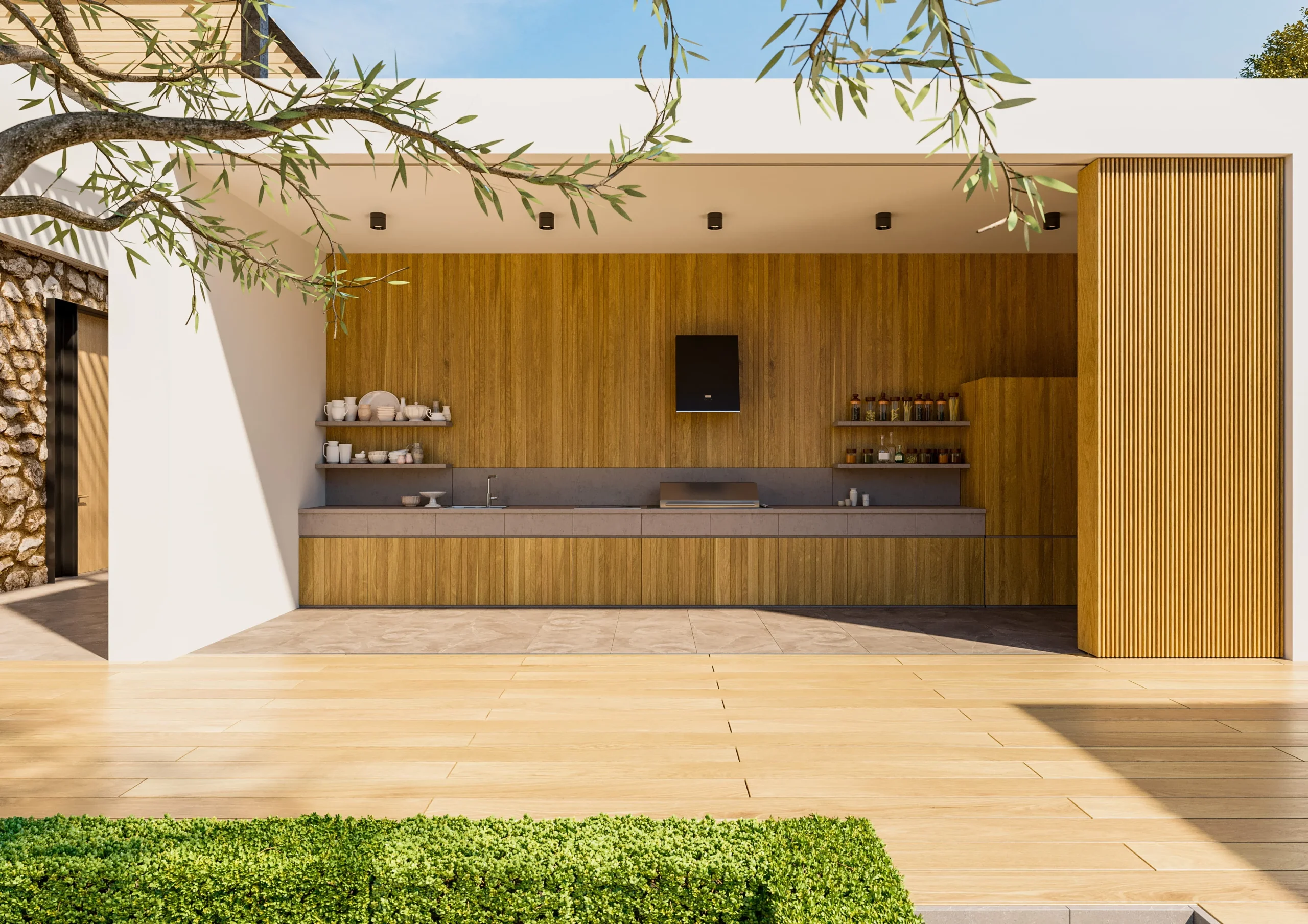 Contemporary backyard kitchen with wood slat walls, countertop workspace, and open shelving.