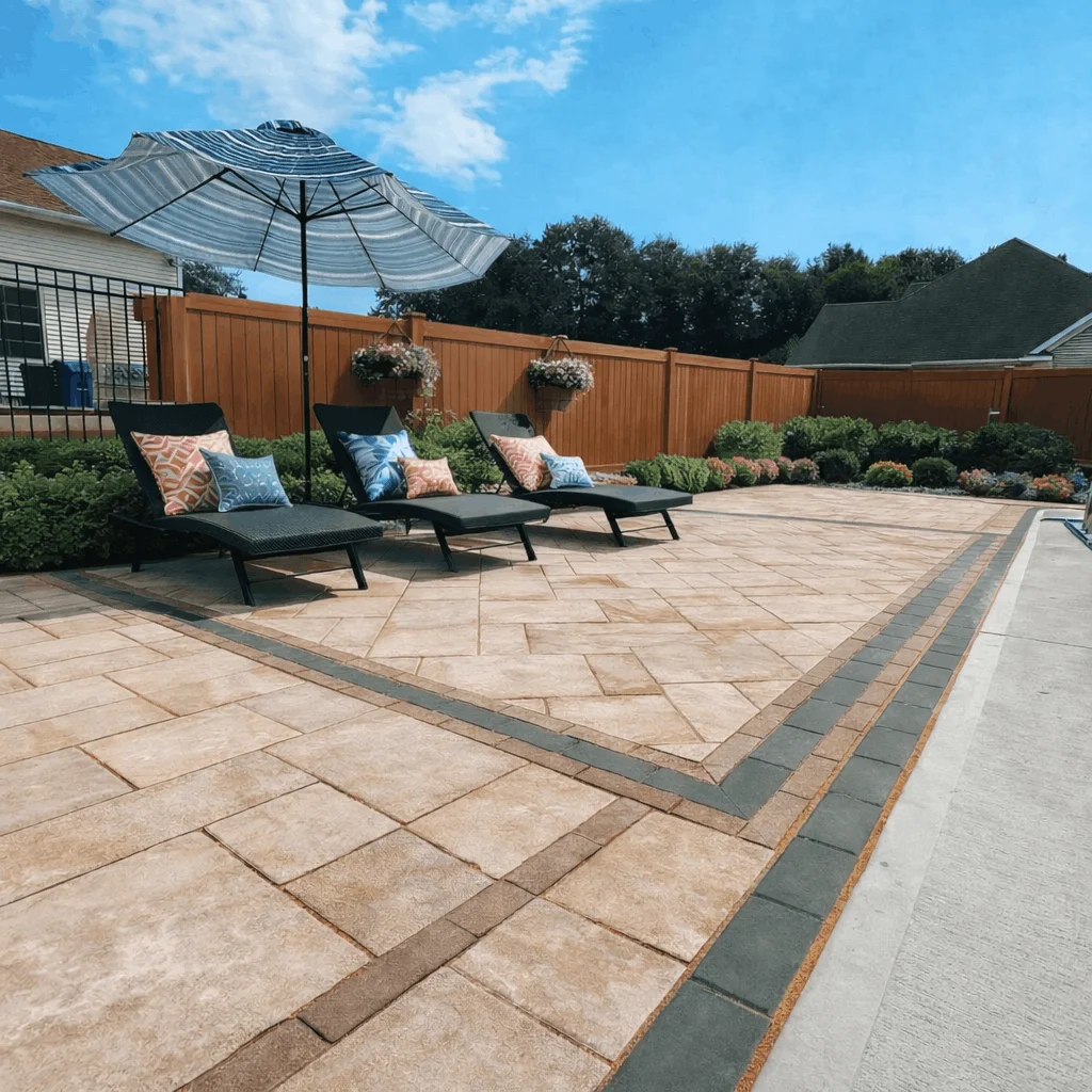 Outdoor seating area with chaise lounges on patterned paver patio beside fenced backyard garden