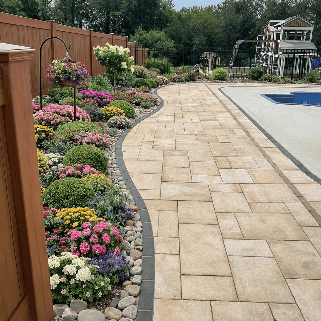 Curved paver poolside walkway bordered by colorful flower beds and decorative river rock edging