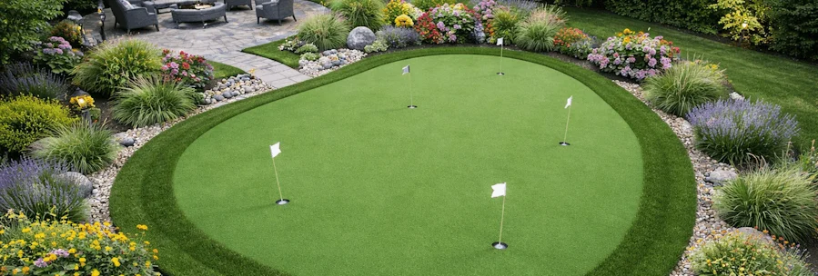 A backyard putting green with multiple flags, framed by colorful flowerbeds, decorative rocks, and green plants.