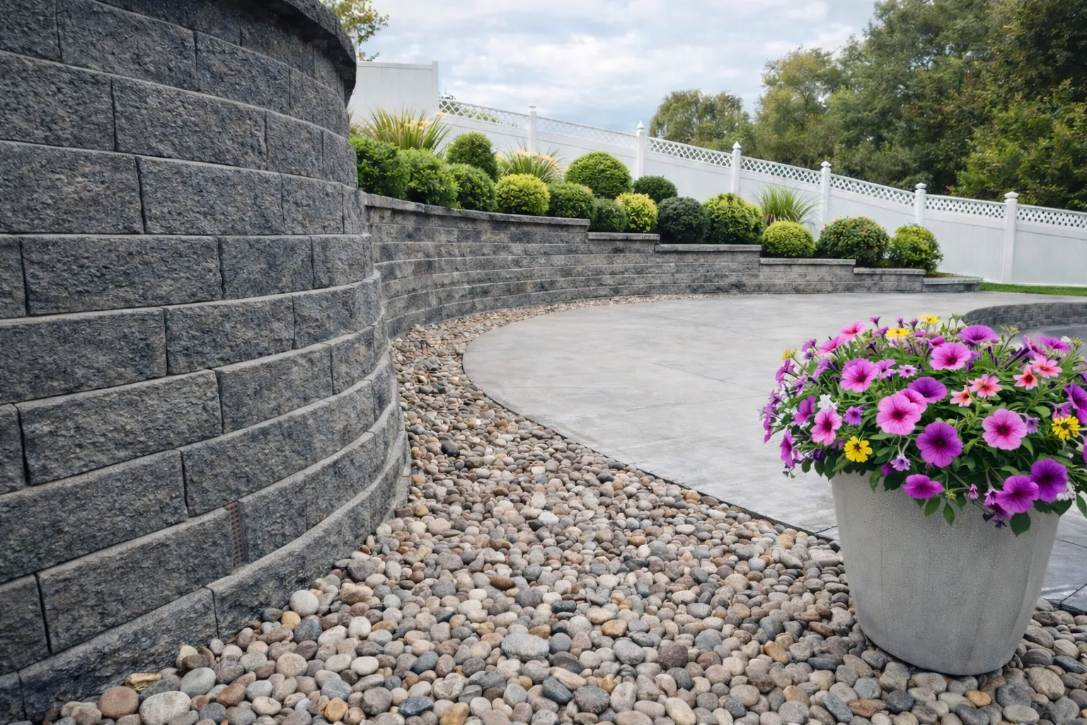 Curved stone retaining wall with decorative river rock border and landscaped shrubs in a backyard in New York