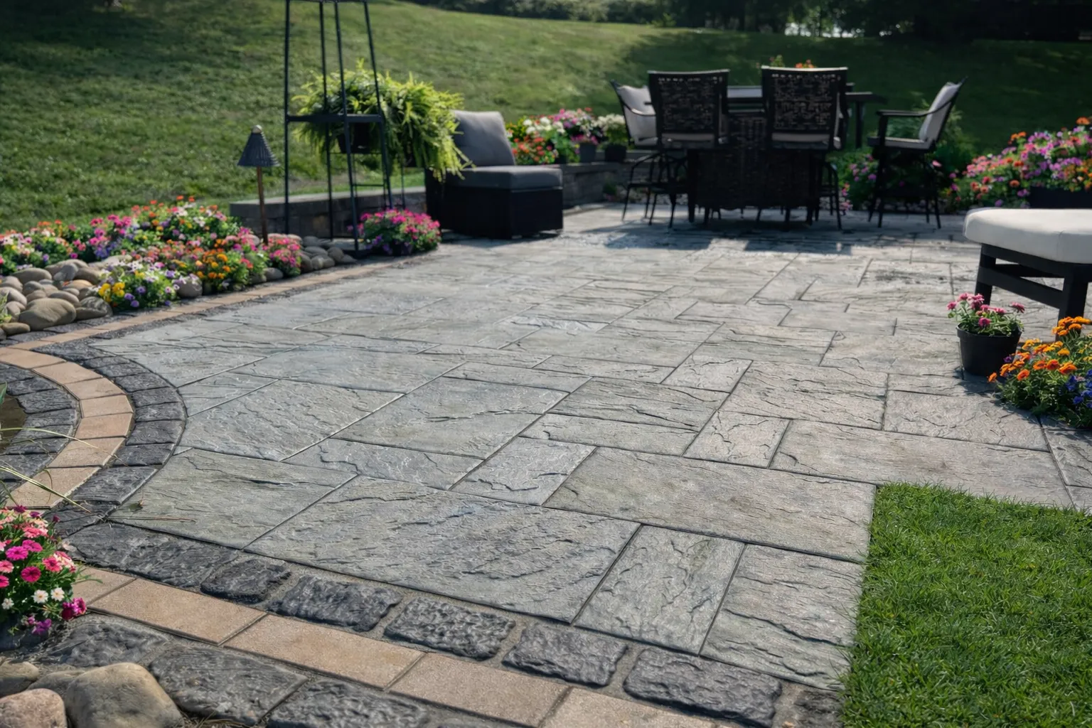 Beautiful stamped concrete patio with outdoor dining furniture, flower beds, and landscaped backyard seating area in New York.