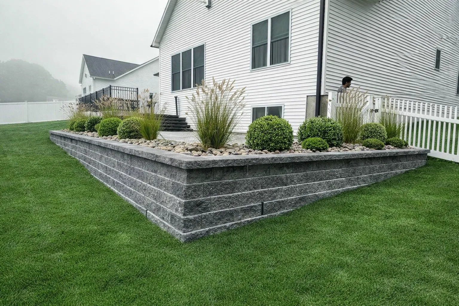 Raised stone retaining wall with river rock and landscaped plants installed along the side of a residential home.