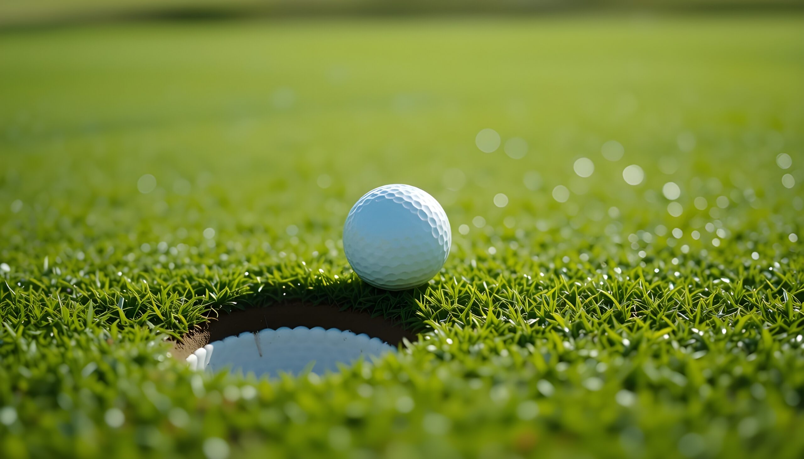 close up of a golf ball near the hole on a putting green